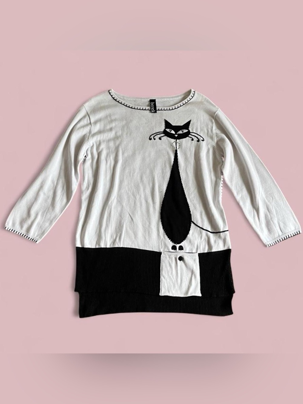 Vintage 90s/Y2K Whimsy Twee Berek white & black cat sweater mod bedazzled